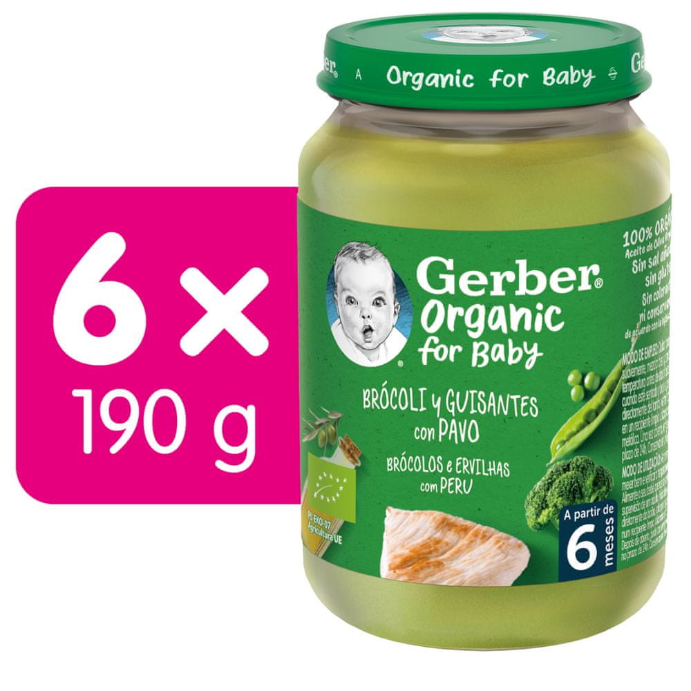 Gerber Organic detský príkrm brokolica s hráškom a krutím mäsom 6x190 g